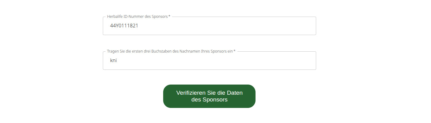 Beispiel für die Eingabe der Herbalife Sponsor-ID und des Nachnamens
